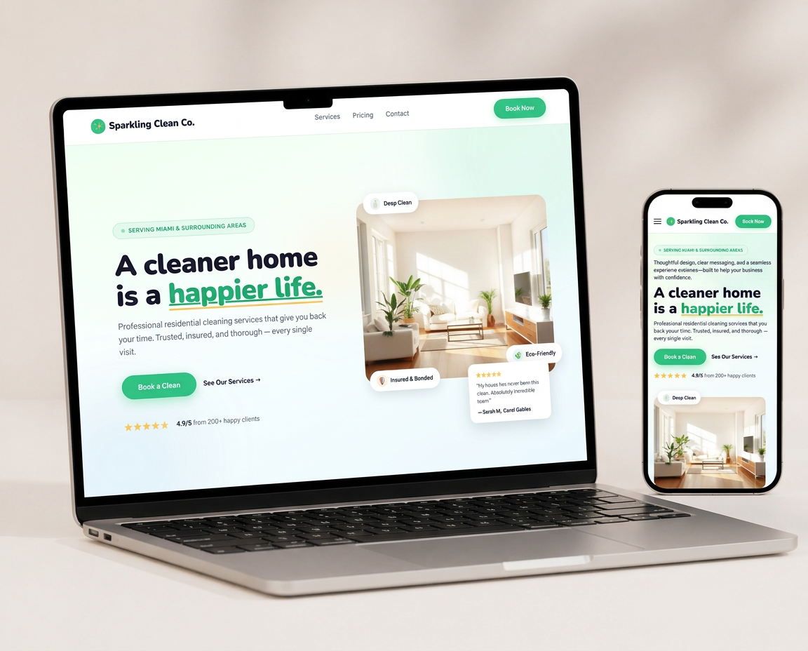 Laptop and phone displaying the Sparkling Clean Co. website from our portfolio